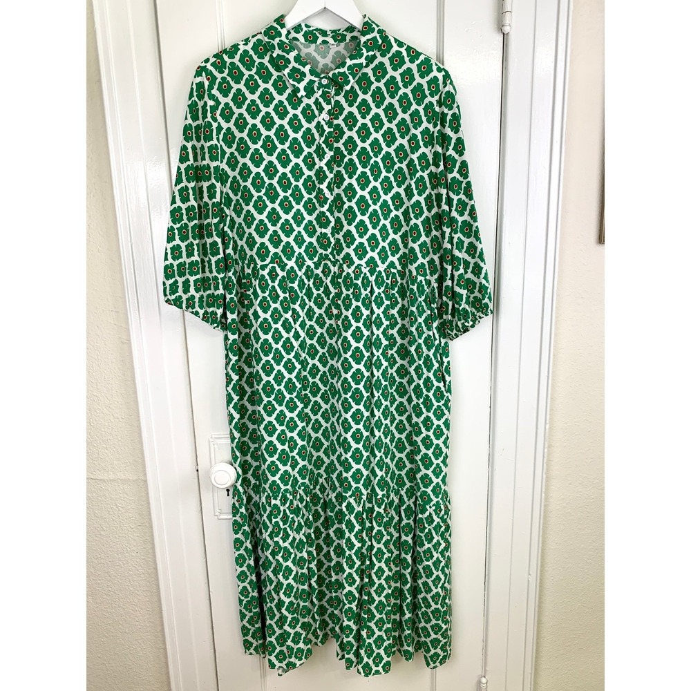 Anrabess Green Floral Puff Sleeve Maxi Shirt Dress XL Cottagecore Summer Resort - Picture 3 of 15